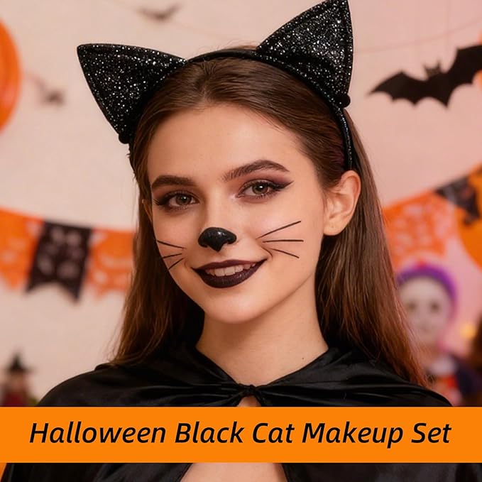 Halloween Black Cat Makeup Kit, Ears Headband, Lipstick, Professional Costume Accessories for Balck Cat Cosplay Party SFX Makeup