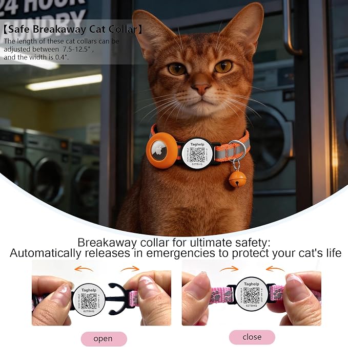2 Pack Airtag Cat Collar, Breakaway Cat Airtag with Smart ID tag & QR Code Reflective (Reflective Strip & Paw Pattern - Orange, with Integrated AirTag Holder)