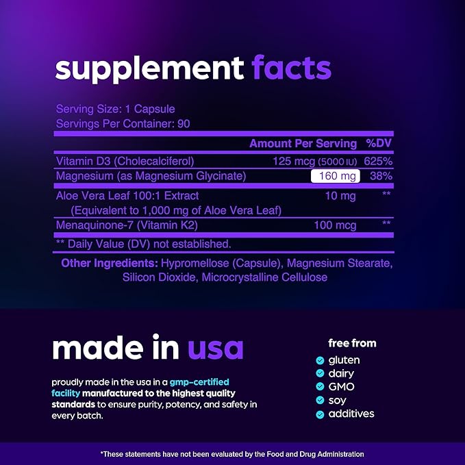 Magnesium Glycinate 1160mg + Aloe Vera, D3 & K2 Complex