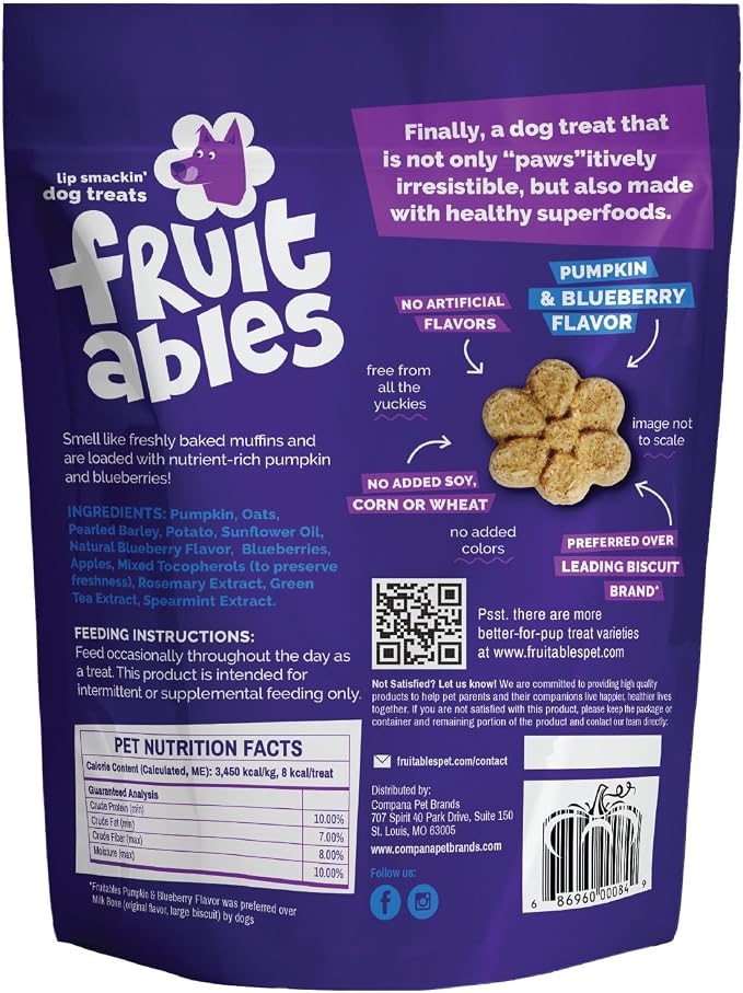 Fruitables Baked Dog Treats, Low Calorie Treats, Pumpkin & Blueberry, 12oz | Healthy Dog Treats, Training Treats, Crunchy Dog Biscuits, Limited Ingredient Recipe, Healthy Puppy Snacks, Made in USA