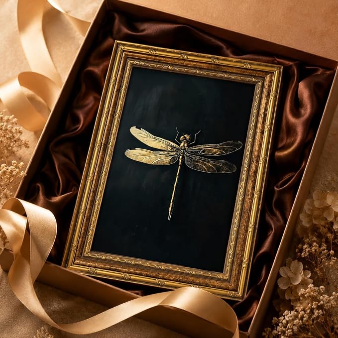 Vintage Framed Dragonfly Picture Wall Art,Gothic Insect Wall Decor 24X16in | Dark Retro Farmhouse Style For Ideal For Bedroom, Study, Hallway, Office Or Entryway.