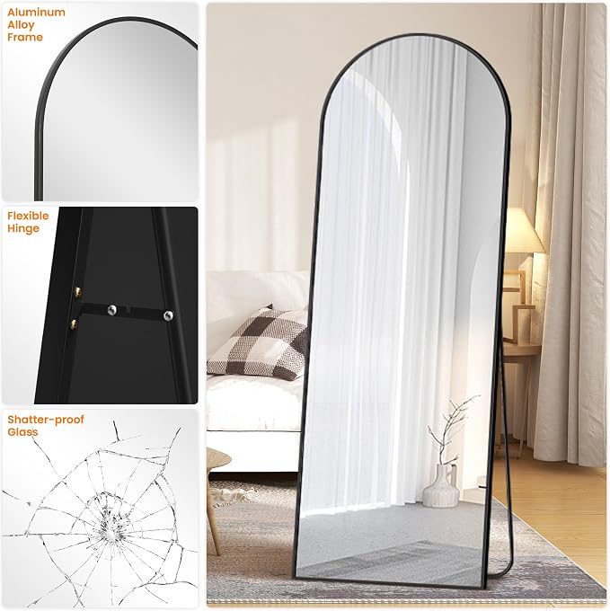 Arched Full Length Mirror, 70"x24" Standing Body Mirror for Wall, Black | Built-in Stand, HD Shatterproof Glass, Aluminum Alloy Frame, Hanging or Standing, for Bedroom, Living Room & Dressing Room