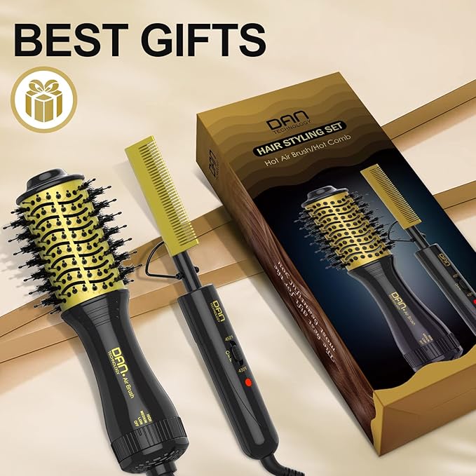 DAN Technology Hot Air Brush & Mini Curling Wand Set - 1 Inch Travel Set with 3 Temperature Settings (1 Inch Yellow)