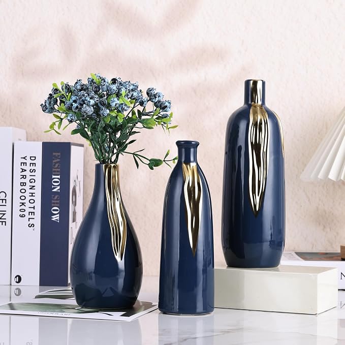Blue and Gold Vase Set of 3, Modern Ceramic Decorative Vases for Living Room, Bedroom, Art Decor, Mantle, Home Event Decor, Office Decorative, Weddings, Rustic & Farmhouse (Blue Gold)