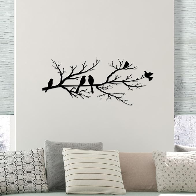 ESTART Metal Birds Wall Art, Metal Vivid Birds on Branch Silhouette Wall Decor Black Leaves with Bird Outdoor Hanging Wall Sculpture for Home Balcony Garden (Small)