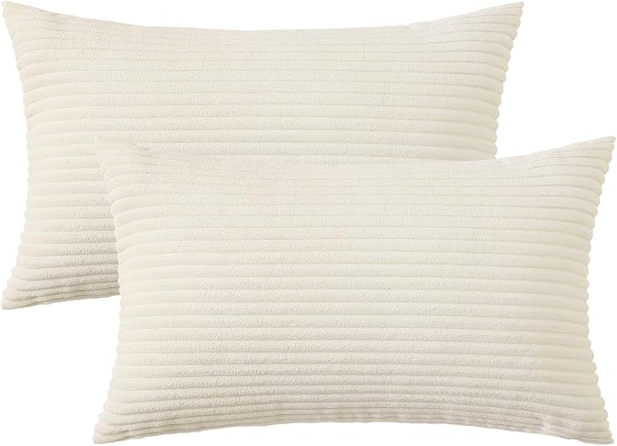 Mecatny Corduroy Fall Throw Pillow Covers 12x20 Set of 2 Cream White | Soft Striped Texture, Hidden Zipper Design, Neutral Boho Lumbar Pillow Cases for Sofa Couch Living Room Bedroom, Home Décor