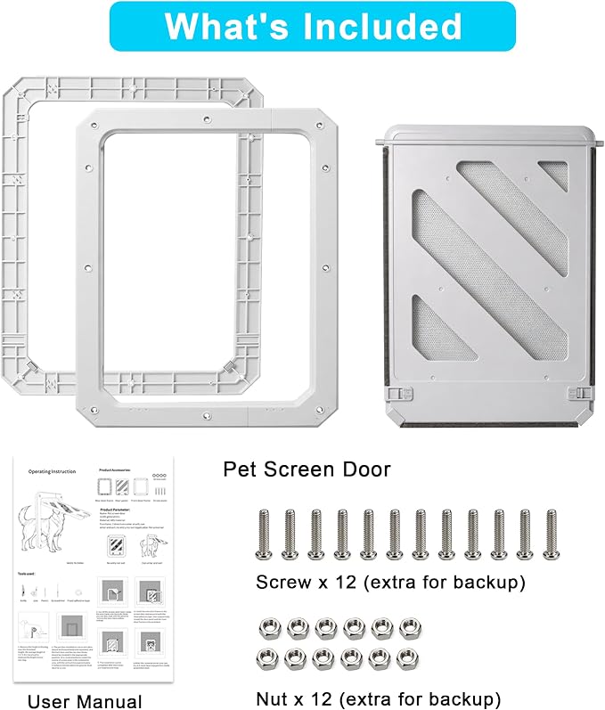 Dog Door for Screen Door, Enhanced Quiet Flap & Sealing Brush, 10.2”x14.3” Opening, Lockable Doggy Screen Door, Magnetic Self-Closing Pet Door-Medium to Large Dogs up to 60 lbs (White)