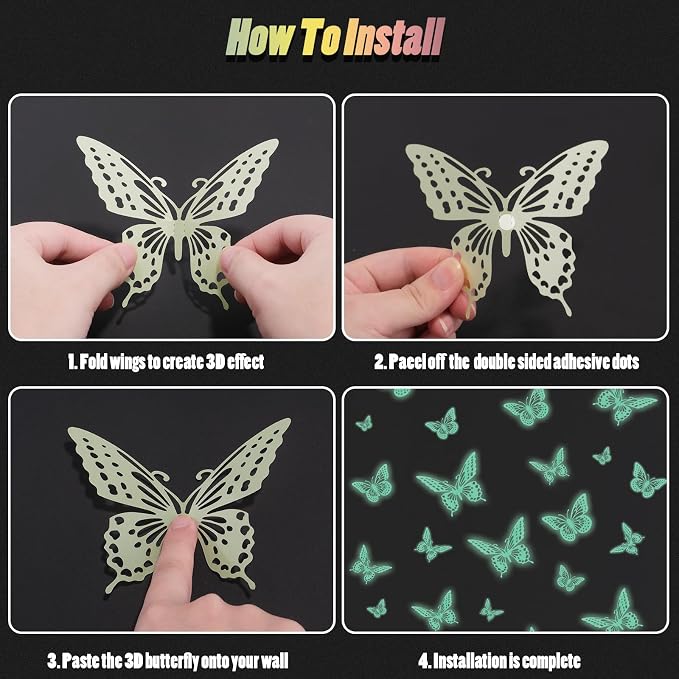 SAOROPEB Glow in The Dark 3D Butterfly 24 Pcs 3 Sizes, Luminous Butterfly Stickers for Ceiling or Wall, Glow in The Dark Party Supplies, Removable Luminous Stickers for Kids Babys Nursery (Green) | 3 Sizes, Luminous Butterfly Stickers for Ceiling Wall,...