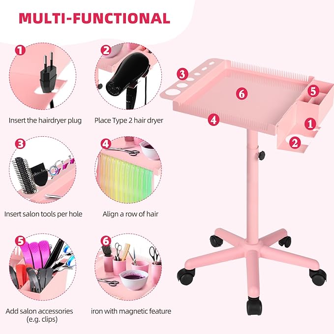 Extension Salon Tray Hair Extension Cart Tray Pink Multi-Function Extensions Rolling Tray with Blow Dryer Holder and Storage Platform