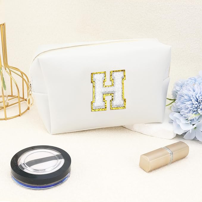 URSKYTOUS Gifts for Girls Initial Makeup Bag Personalized Cosmetic Bag with Zipper Cute Travel Toiletry Bags Waterproof PU Preppy Makeup Pouch Birthday Gift for Teen Girls Women(White H)
