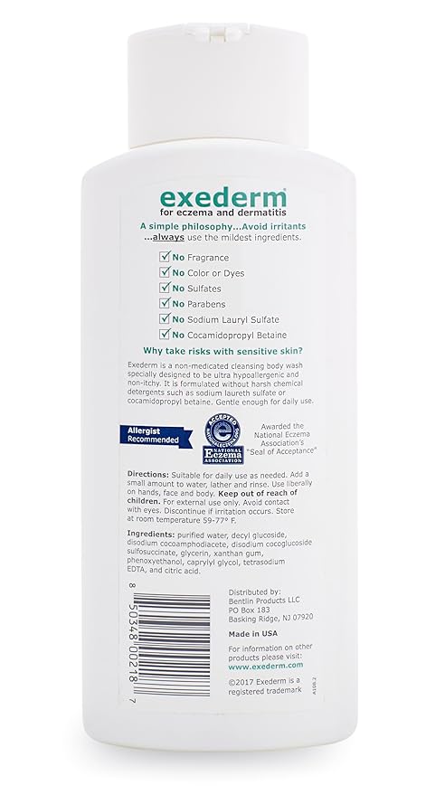 Exederm Body Wash for Eczema & Dermatitis, 12 Fl Oz, Ultra Sensitive Non-Irritating Bodywash, Gentle, Moisturizing Anti-Itch Cleanser for Red, Itchy, Dry Skin, Hypoallergenic, Sulfate & Paraben Free