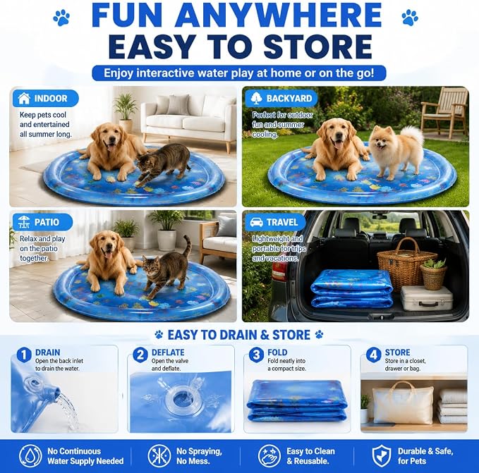 Cat Water Mat for Indoor Cats, Pet Water Sensory Play Mat for Cats & Dogs, Interactive Water Toy Mat with Durable PVC, Summer Activity Mat for Pets, Indoor Outdoor Use, 41.4 x 41.4 x 2.8 Inches