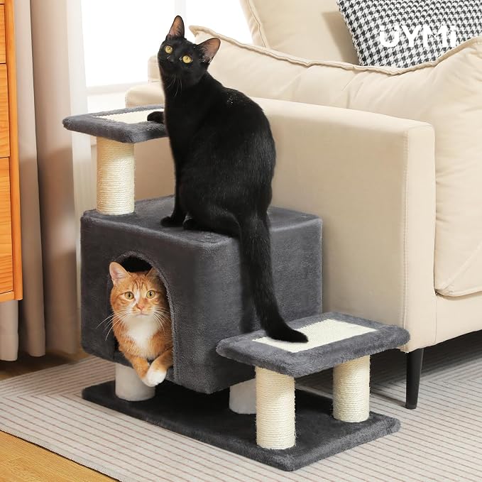 3-in-1 Cat Stairs with Scratching Post & Condo, Pet Steps, Dark Grey | Pet Steps for High Beds, Sofa, Couch, Tall Cat Tower, High-Strength Boards for Indoor Small Cats Kittens Dogs Climbing Play