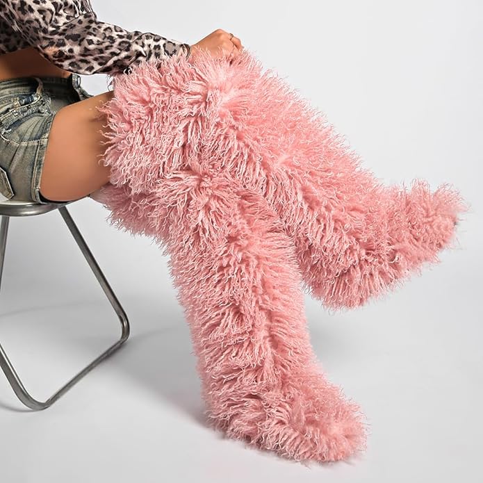 SWEETHEART BEAUTY Thigh High Shagy Teddy Fur Boots, 29 Inch Over the Knee Length Fluffy High Boots, Tall Furry Shoes For Women