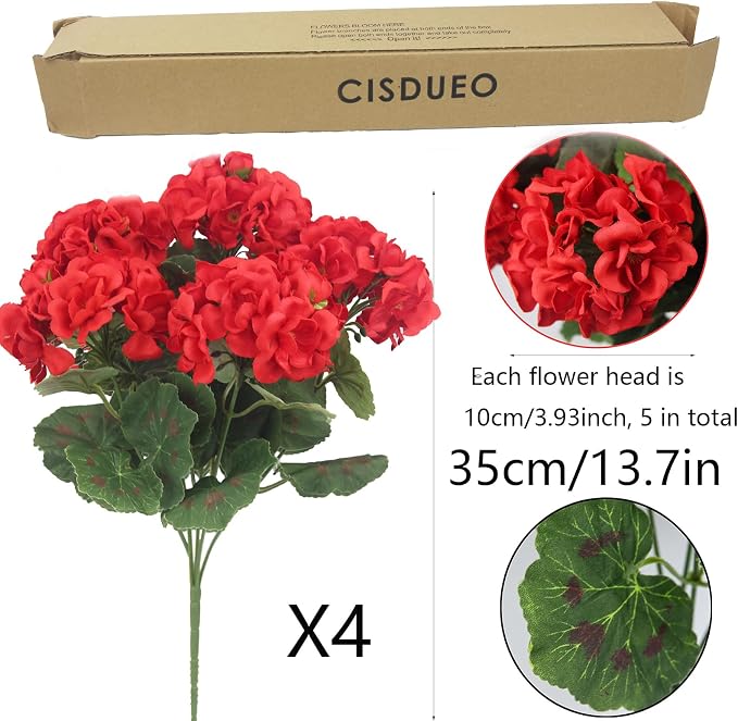 CISDUEO 4 Pcs Artificial Geraniums for Outdoors Silk Flowers Outside Red | Faux Flowers Geraniums for Outdoor Planter Floral Home Decor Indoor Garden Patio Grave Cemetary Vase Table Centerpiece