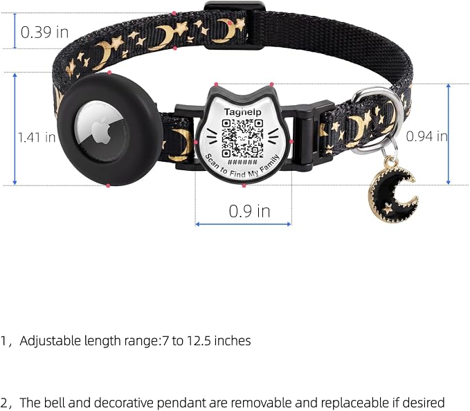 3 Pack Smart QR Code Cat Collars with Built-in AirTag Holder, Breakaway Adjustable Kitten Collars with Moon Pendant, Safety Pet ID Collars for Cats, 7.0–12.5”, Black Blue Pink
