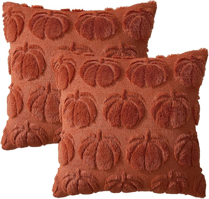 MIULEE Fall Pillow Covers Pumpkin Fall Decor 22x22 Rust | Set of 2 Fall Decorations for Home, Plush Faux Fur Farmhouse Accent Pillowcases, Porch Sofa Couch Cushion Bed Livingroom