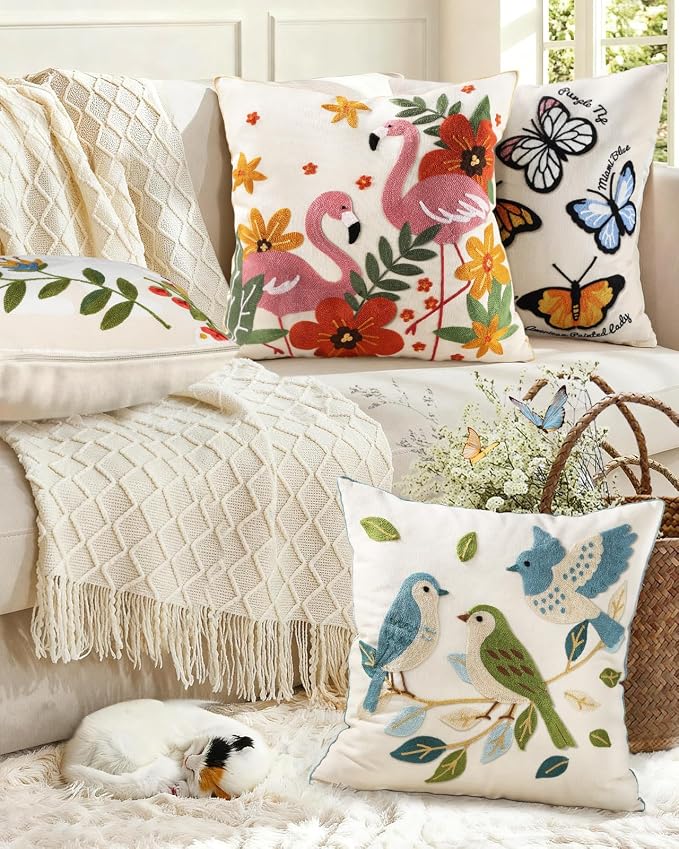 Animal Embroidered Throw Pillow Cover 18x18 Inch, Flamingos Floral | Decorative Pillow Cover, Boho Floral Cushion Cases with Hidden Zipper, Cottagecore Decor for Couch, Sofa, Living Room