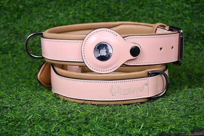 PAWSOFT® Airtag Leather Dog Collar for Medium Large and Extra Large Dog - Soft Padded, Heavy Duty Dog Collar Rust Proof Metal Buckle, Gift for Pets Size-XL (Fits Neck 21-25 inches) Pink