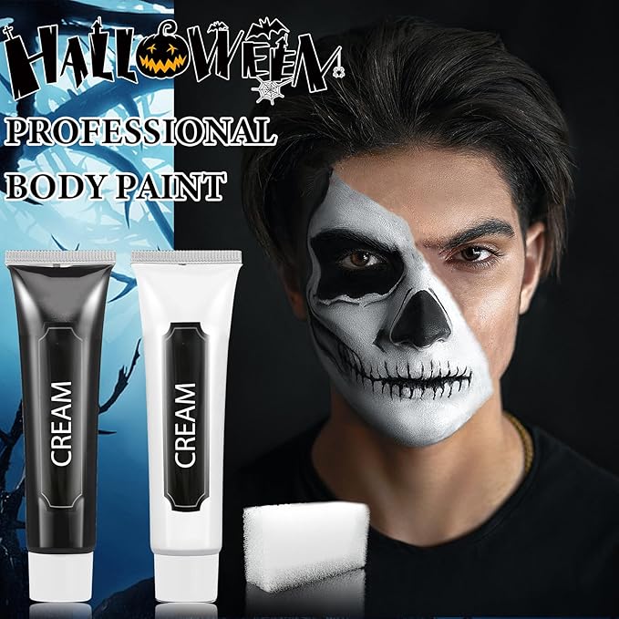 2 PCS Black White Cream Face & Body Paint Set, Halloween SFX Makeup Kit, Professional Face Painting Kit for Zombie Skeleton Cosplay Clown Makeup