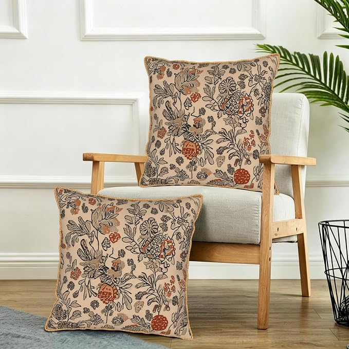 KSLIDS Art Boho Floral Soft Velvet Throw Pillow Covers Set of 2 Beige Rust Botanical Flowers Decorative Pillow Covers 20x20 Inch Farmhouse Vintage Pillow Case for Sofa Couch Living Room Home Decor