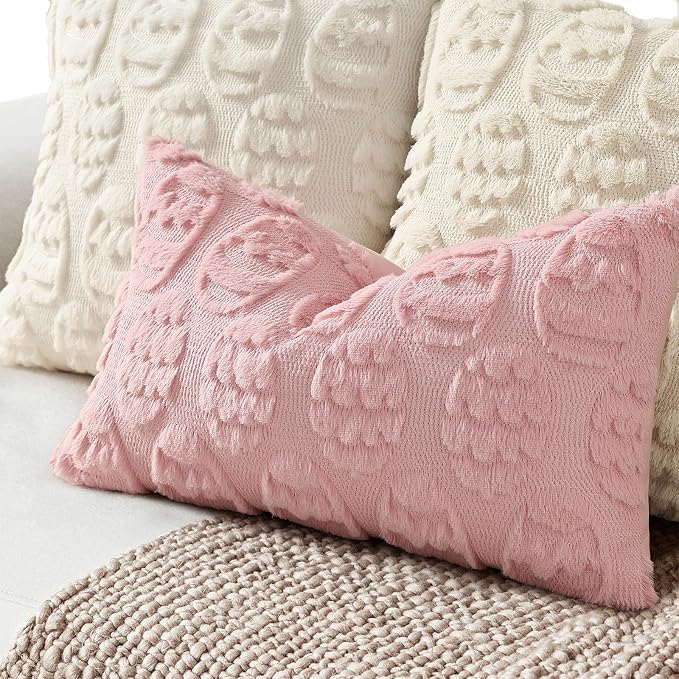 decorUhome Pink Faux Fur Egg Throw Pillow Covers 12x20 Set of 2 | Plush Soft Wool Jacquard Pink Cushion Covers, Modern Farmhouse Neutral Easter Holiday Decor Pillow Covers for Couch Sofa Bed