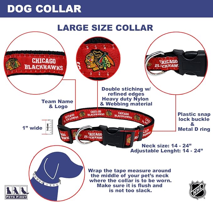 NHL Chicago Blackhawks Collar for Dogs & Cats, Large. - Adjustable, Cute & Stylish! The Ultimate Hockey Fan Collar!, Large (18-28" Length x 1" Width)