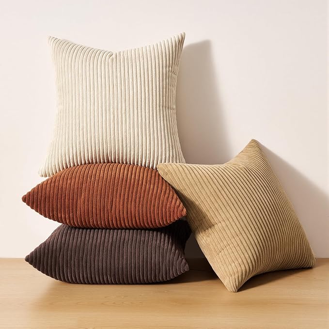 Topfinel Beige Brown Throw Pillow Covers Rustic Modern Soft Corduroy Striped Decorative Cushion Cover 16x16 Inch Gradient Farmhouse Pillow Case Set of 4 for Sofa Couch Living Room Bedroom