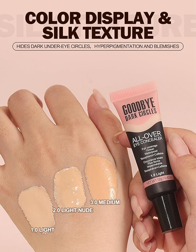 Erinde Under Eye Full Coverage Concealer, Color Corrector for Dark Circles, Fine Lines, Redness & Discoloration, Waterproof Natural Finish Dark Circles Under Eye Concealer, 01 Light