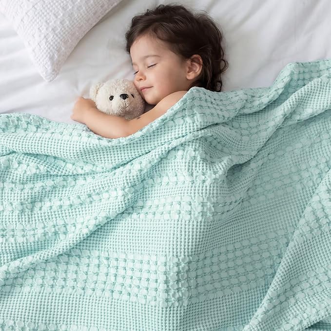 PHF 100% Cotton Waffle Weave Blanket Queen Size, Lightweight Breathable Summer Blanket for Hot Sleepers, Pre-Washed Soft Layer for Bed, Couch, Aesthetic Home Decor & Gift, 90"x90", Mint