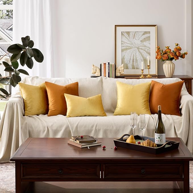 GIGIZAZA Yellow Velvet 20x12 Lumbar Decorative Throw Pillow Covers for Sofa Bed 2 Pack Soft Cushion Cover | Lumbar Throw Pillows for Couch Sofa,280gsm Soft Textured Fabric,Modern Pillowcases,Luxury Cushion Covers