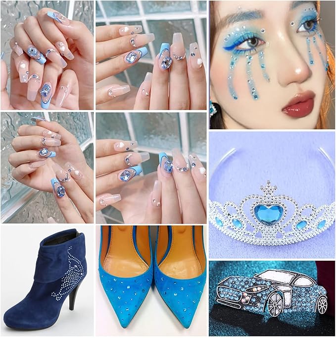 Beadsland 8300PCS Flatback Rhinestones, Light Blue Rhinestone Nail Gems Round Crystal Rhinestones for Crafts, Mixed 10 Sizes with Wax Pencil and Tweezer Kit, SS3-SS30, Light Sapphire