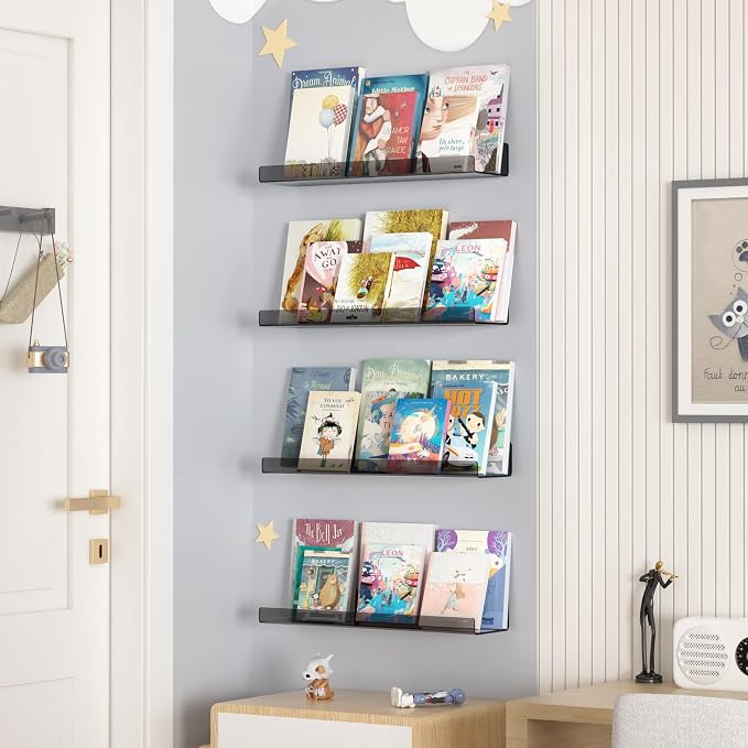 upsimples 4 Pcs 15" Acrylic Shelves for Wall Decor and Display, Clear Black | Cute Floating Shelf for Perfume, Skincare, Nail Polish, Wall Organizer for Bedroom, Living Room, Playroom, Room Décor