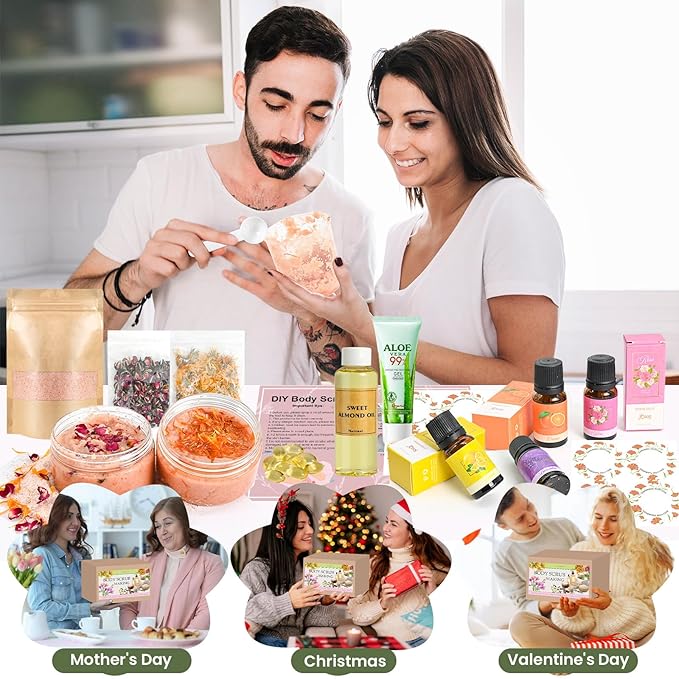 JUYRLE Body Scrub Making Kit- DIY Pink Salt Body Scrub Kit with Almond Oil, Essential Oils, Moisturizing and Exfoliating Dry Skin Hand Foot DIY Organic SPA Kit Christmas Gifts For Women & Men