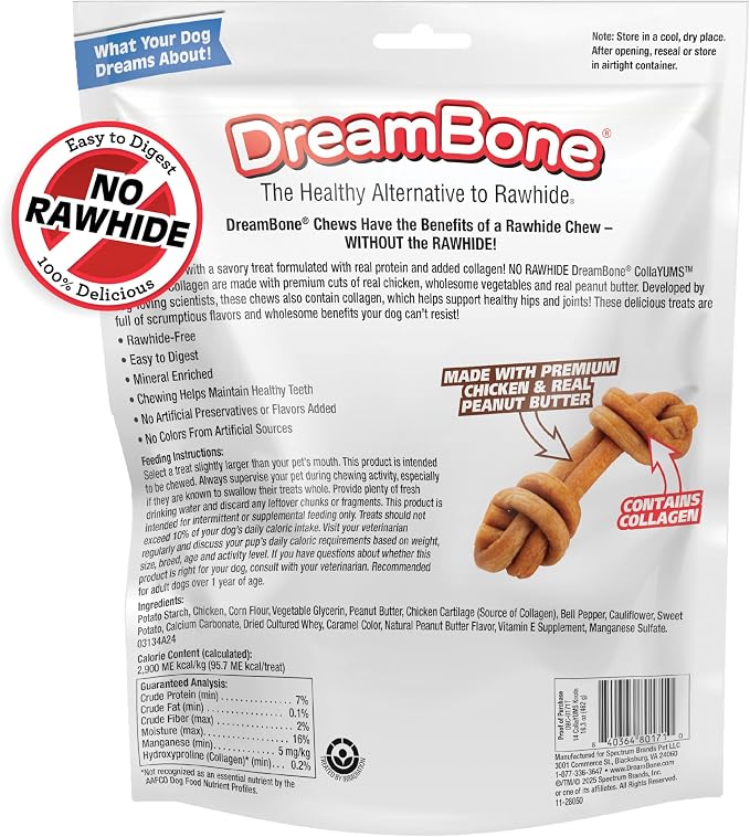 DreamBone CollaYUMS Knots Plus Collagen Rawhide-Free Dog Treats, 14 Count | Supports Hip and Joint Health, Daily Chew, Digests Safely and Completely, With Real Chicken & Peanut Butter, For Adult Dogs