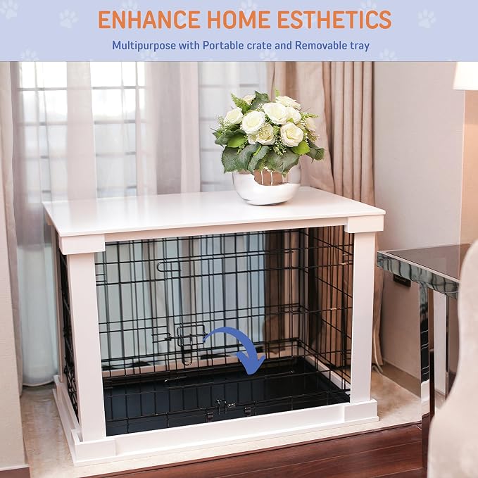 Zoovilla Large Slide Aside Dog Crate and End Table Furniture Indoor Use, Dog Kennel with Sturdy Wooden Material with Sliding Door, Decorative Wooden Pet Crate and End Table, for Large Dogs, White