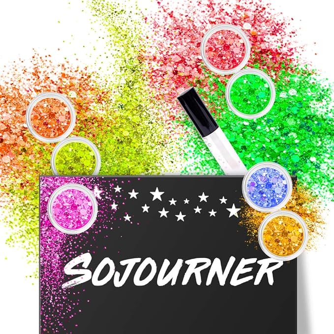 Neon Holographic Body Glitter I 12 Colors + 1 Glitter Glue for Face, Hair, Nail, Eye & Glitter Eyeshadow - Perfect for Halloween Makeup, Raves, Festivals, Resin, Tumblers, Cosmetic & Nail Art