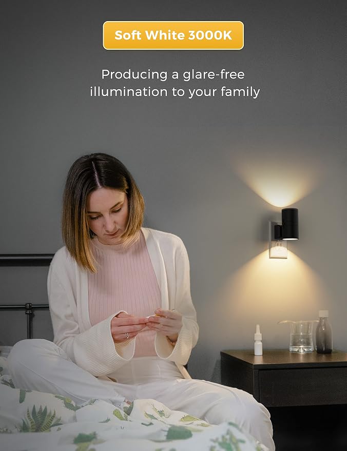 L LOHAS LED Night Light Plug in, Dimmable Night Lights Plug into Wall | Light Sensor, Nightlight With Soft White 3000K, Black Shade, Plug in Nightlights for Hallway Bathroom Kitchen Bedroom, 4 Pack