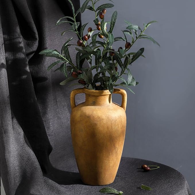 Ceramic Vase with 2 Handles, 11.41 Inch Rustic Farmhouse Vase | Terracotta Wide Mouth Vase Adds Rustic Farmhouse Charm to Living Room, Entryway, Shelf, and Table Decor, Perfect for Weddings