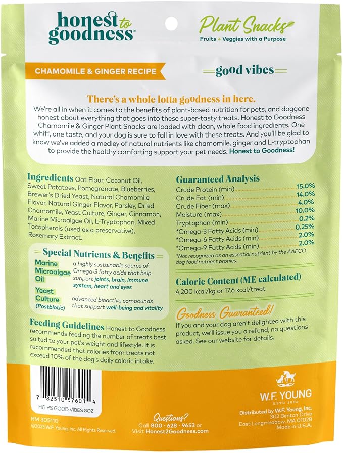 Honest to Goodness Plant Snacks Chamomile & Ginger Dog Treats, 8 oz | Crunchy, Plant-Based, Good Vibes Comforting Support, Enriched with Omega 3 Fatty Acids, Fortified with Postbiotics, USA Made