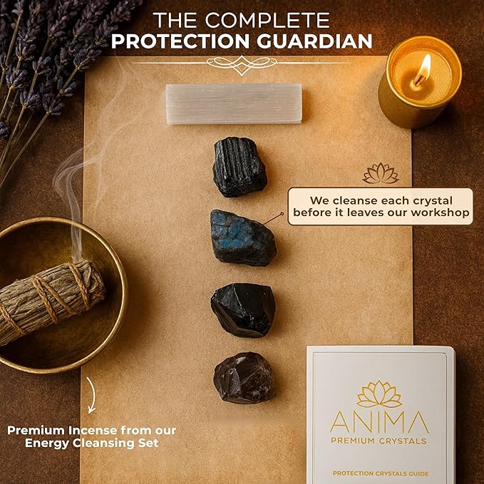 Anima Premium Protection Healing Crystals Set for Energy Shielding - Large Raw Obsidian, Black Tourmaline, Labradorite, Smoky Quartz & Selenite Bar - Wooden Gift Box and Guide Booklet Included