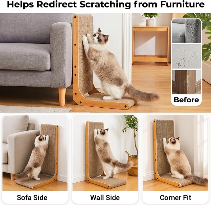 PatiencET L Shape Cat Scratcher, 26 Inch Cardboard Scratch Pad | For Indoor Cats, Large Vertical Scratch Board, Furniture Protector