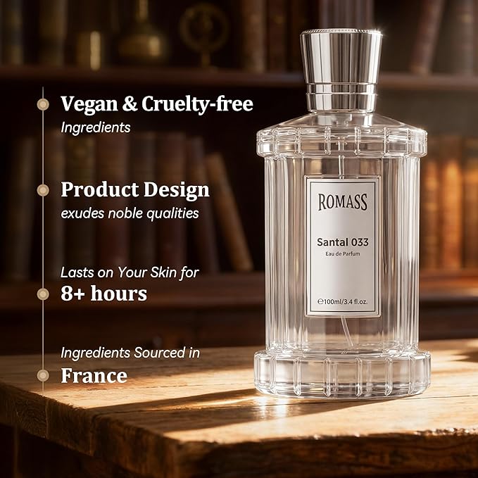 ROMASS Santal 033 Unisex EDP Parfum Spray 100ML Aromatic Woody Fragrance with Cardamom Violet Cedarwood Sandalwood Vetiver Musk Leather Violet