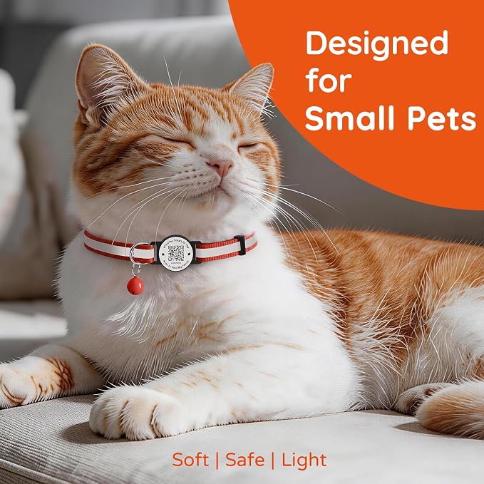 Breakaway Cat Collar QR Code, Reflective Bell, Adjustable Kitten, Red