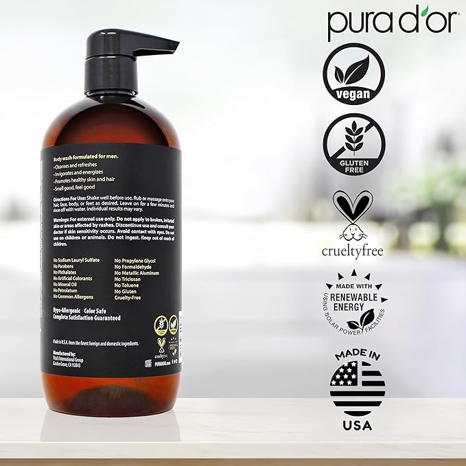 PURA D'OR 24 Oz 8-in-1 Hair & Body Cleanser For Men – Sulfate-Free, Multi-Use Wash for Hair, Face, Beard & Body, with Organic Aloe Vera, Cedarwood & Lemongrass, Energizing & Deodorizing Formula