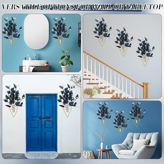 Hanaive 4 Sets Boho Wall Decor Metal Wall Art Hanging Planters with Blue Artificial Eucalyptus Display Modern Home Vase for Bedroom Home Office