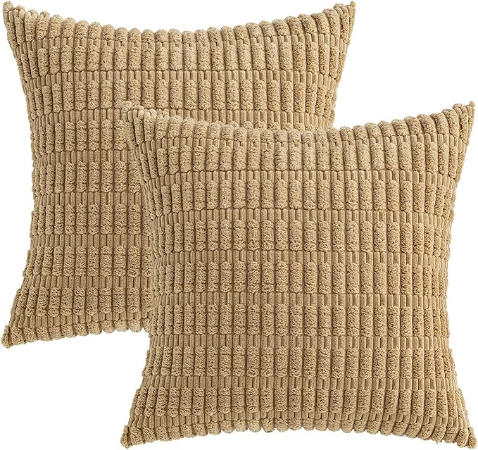 MIULEE Euro Sham Corduroy Decorative Throw Pillow Covers 22x22 Khaki | Pack of 2 Soft Boho Striped Pillow Covers Modern Farmhouse Fall Home Decor For Sofa Living Room Couch Bed
