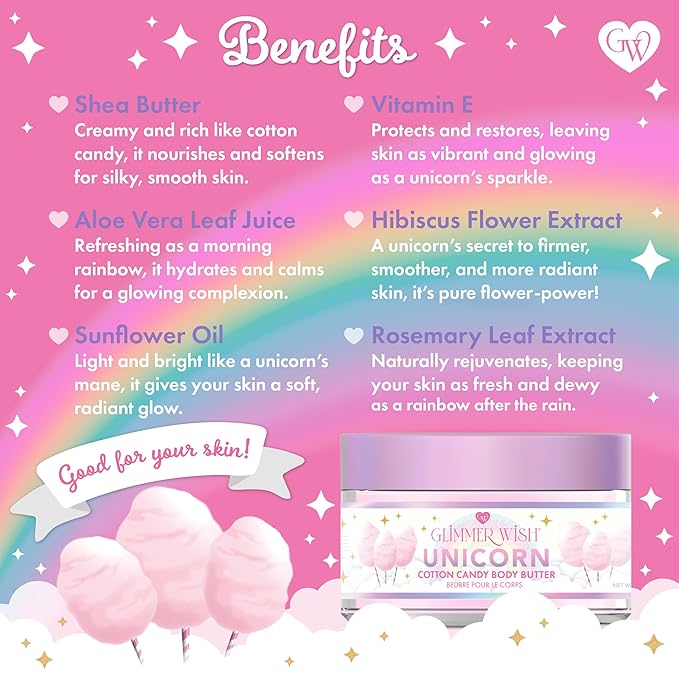 Glimmer Wish Whipped Body Butter for Women with Dry Skin – Shea & Coconut Moisturizer, Nourishing Body Cream for Women, Hydrating Lotion for Smooth, Soft Skin (Unicorn Cotton Candy)