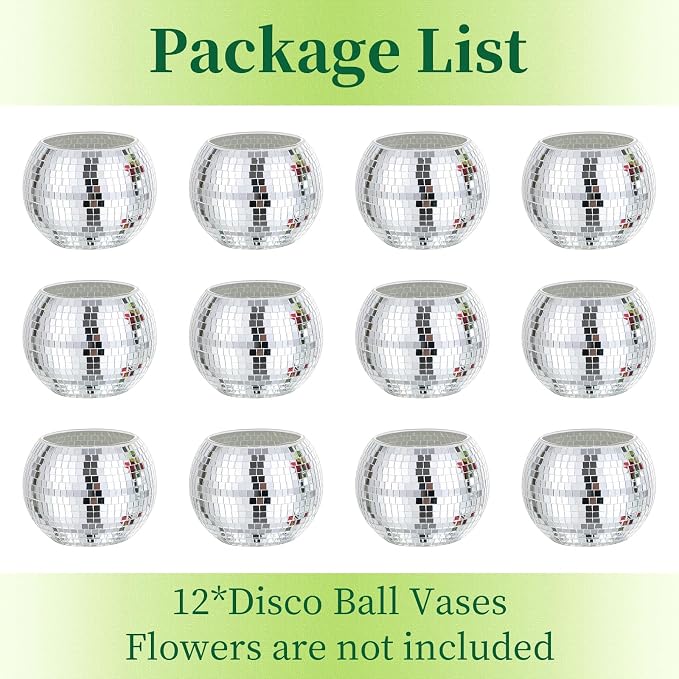 Disco Ball Vases for Table Centerpieces - Hewory 12pcs Silver Mirror Glass Planters Flower Pot Containers, Bulk Disco Balls Bowl Candle Holders for Wedding Bridal Shower Birthday Events Party Decor