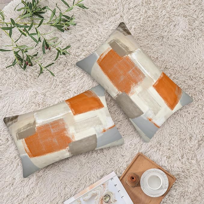 Orange and Grey Abstract Art Artwork Pillow Cover, Gallery Modern Decorative Throw Pillows Cushion Cover for Bedroom Sofa Living Room 12 x 20 Inch Set of 2